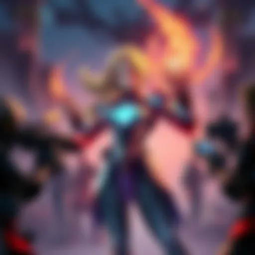 A character named Hildryn showcases her abilities in a gaming scene, surrounded by players discussing her power level.