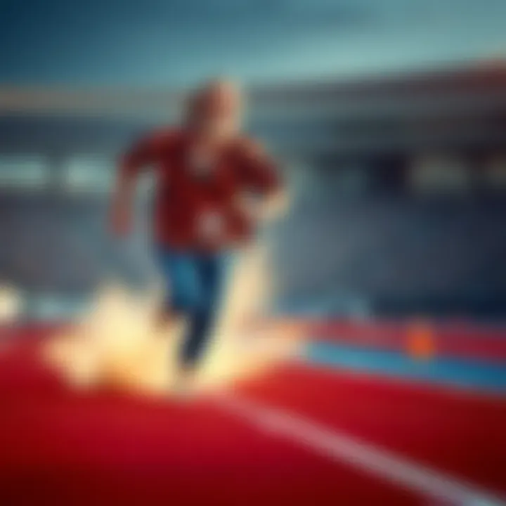 A hillbilly character in a plaid shirt and jeans running on a track, leaving a trail of dust behind him, looking determined but slower than Usain Bolt.