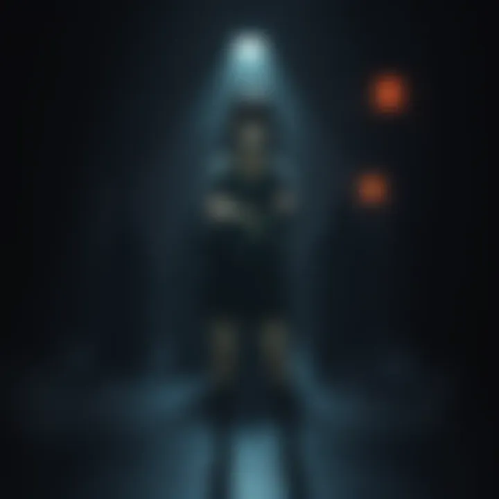 Hinako standing in a dark, eerie setting, showcasing her unique style influenced by the female team. Behind her, shadowy figures hint at the game's atmosphere.