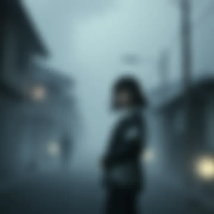 A young woman named Hinako stands in a foggy Japanese town, surrounded by eerie shadowy figures and ominous buildings.