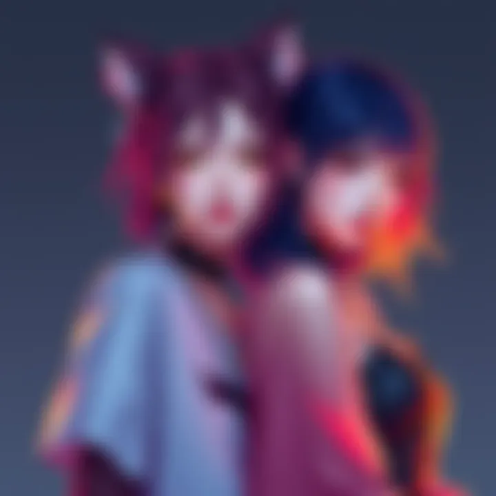 Artwork showcasing Hinako and Heather in a creative pose, highlighting their unique styles and colors.