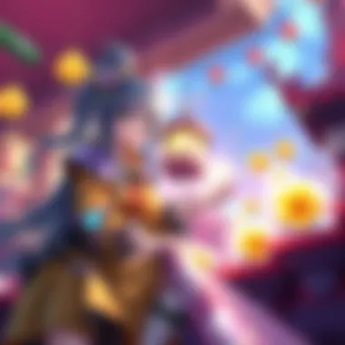 Hinoa providing buffs in a vibrant setting Hinoa interacting with players, offering buffs and chatting about dango in a colorful game environment