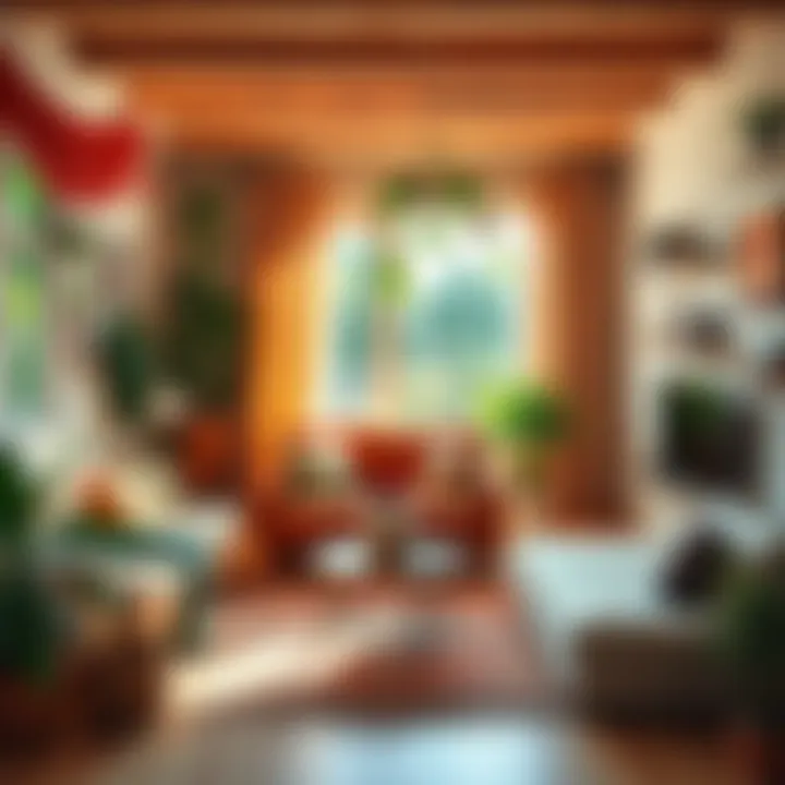 A cozy hippie-styled living room with colorful decor and plants, capturing a serene atmosphere reminiscent of summer days.