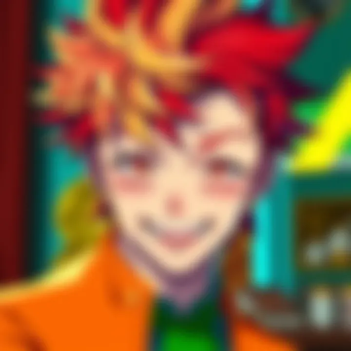 A close-up of Hisoka, showcasing his unique hairstyle and colorful outfit with a playful expression.