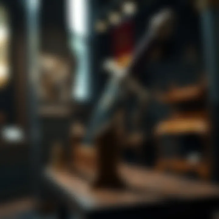 A close-up view of a beautifully crafted sword resting on a wooden stand, showcasing intricate designs and a shining blade.