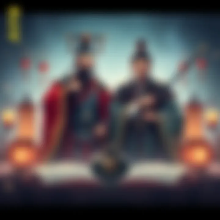 Historical Chinese Figures Illustration of Zhuge Liang and Sima Yi in traditional Chinese attire, surrounded by scrolls and historical artifacts