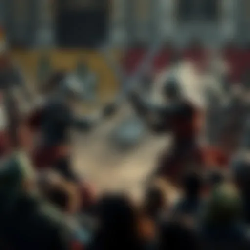 Two fighters in a duel, swords drawn, surrounded by an audience watching the bout unfold.