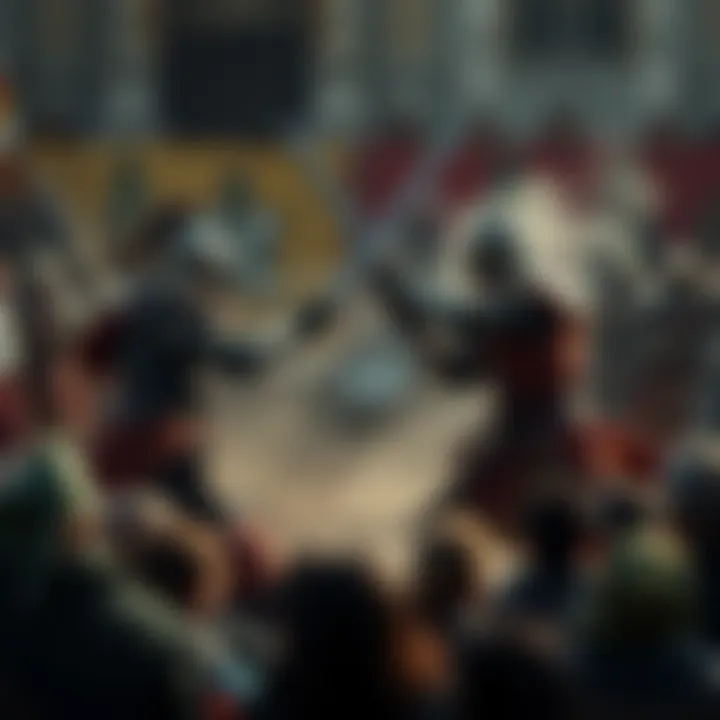 Two fighters in a duel, swords drawn, surrounded by an audience watching the bout unfold.