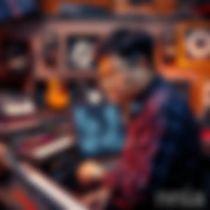 Hitoshi Sakimoto composing music in a studio, surrounded by music equipment and instruments