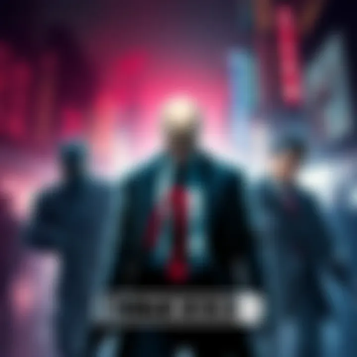 Promotional image featuring characters from Hitman series, highlighting gameplay action and stealth mechanics