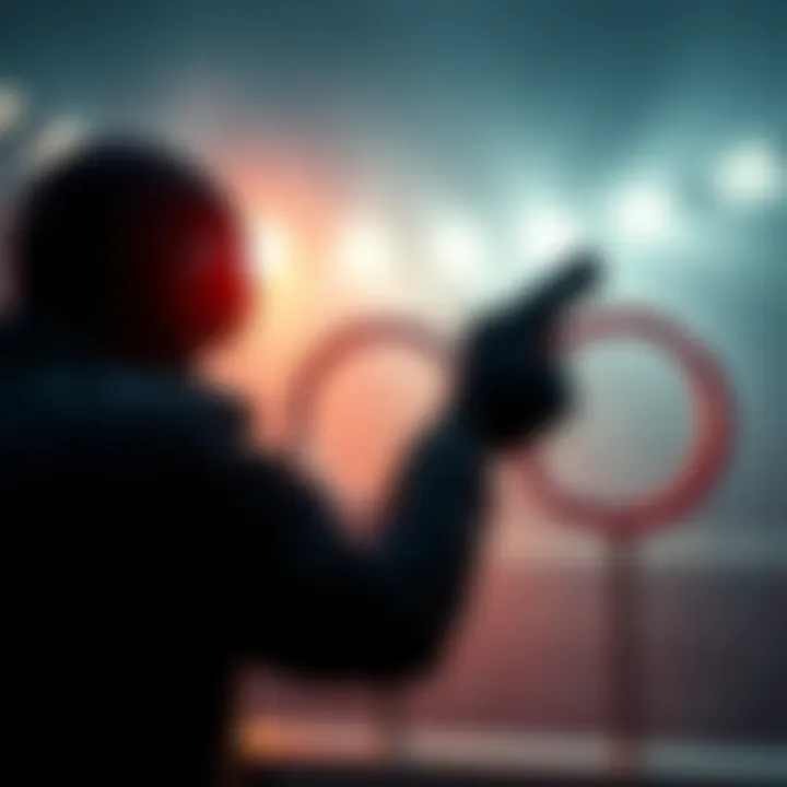 Hitman in Olympic setting A shadowy figure holding a gun near Olympic rings, illustrating crime's connection to sports