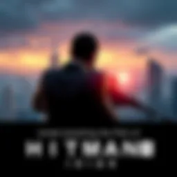 A character in a suit with a sniper rifle observing a target from a distance in a cityscape