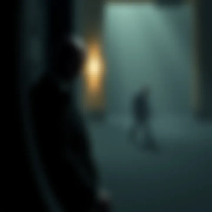 A stealthy character in a suit quietly observing a target in a shadowy environment, showcasing tension and strategy.