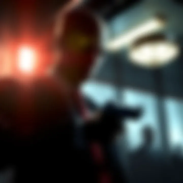 A tense moment from Hitman Blood Money, featuring Agent 47 in a stealthy pose, preparing for a mission in a dimly lit environment with dramatic shadows.