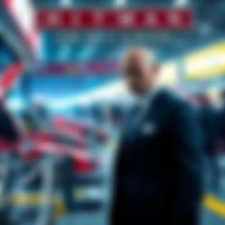 A character in a suit stealthily approaches mechanics at a Miami racing event, ready to eliminate them as part of the challenge.