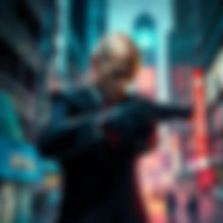 A stealthy man in a suit with a bald head, holding a silenced pistol in a bustling city, planning his next move.