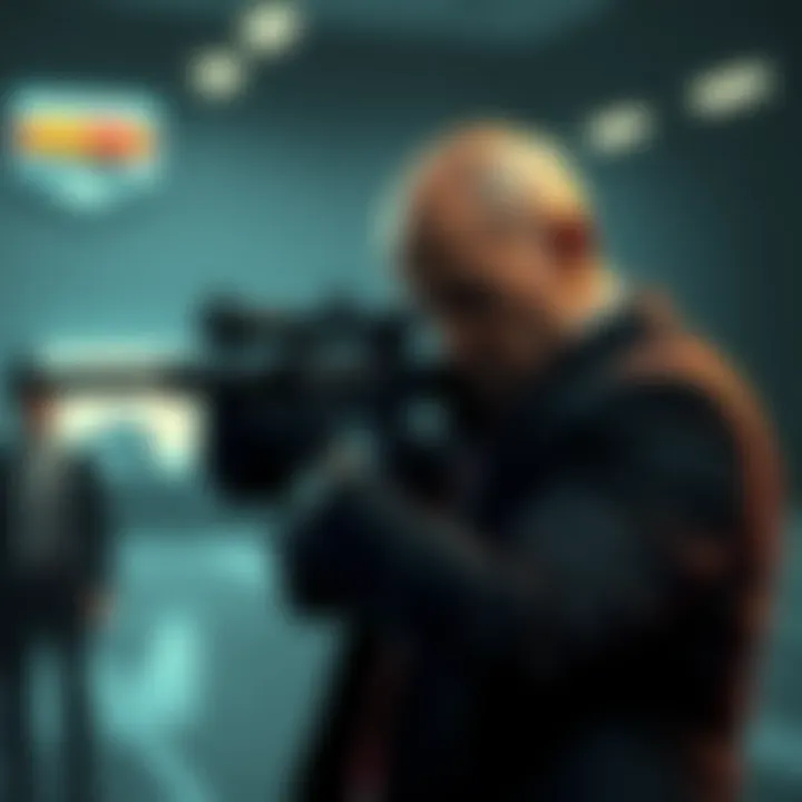 A Hitman character in a suit aiming at a target with a sniper rifle, focusing intently on a distant figure.