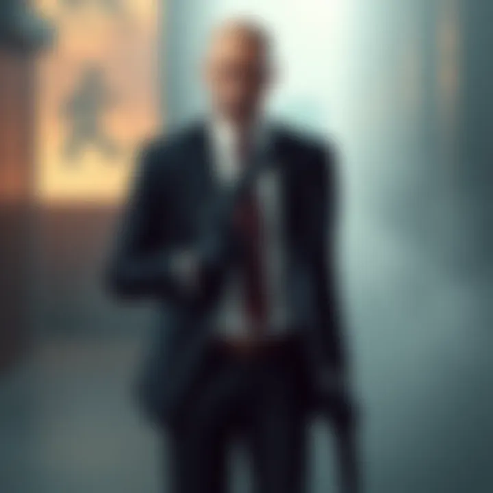 A discreet Hitman character in a suit, holding a silenced gun, standing in a stylish setting, showcasing mastery in the game.