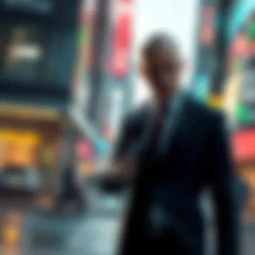 A stealthy assassin in a suit, preparing to eliminate a target in a vibrant urban setting, showcasing the stealth gameplay of the Hitman series.