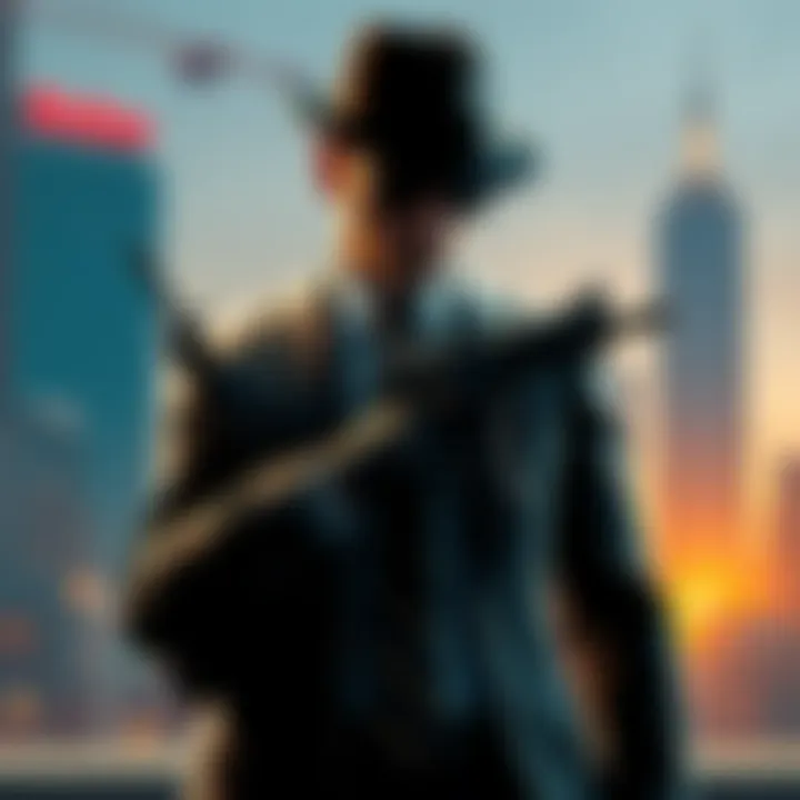 Hitman character with weapons in a strategic pose A Hitman character dressed in a suit, holding weapons, contemplating a mission inspired by classic game features, with a city backdrop
