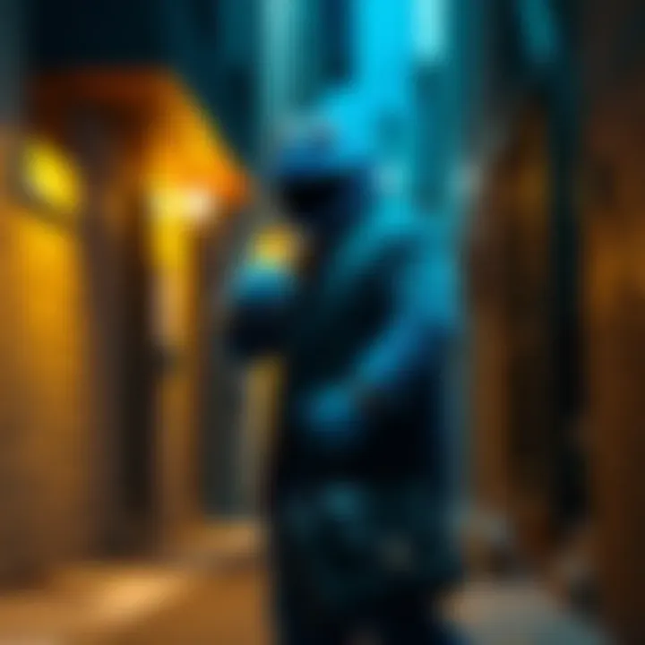 A humorous scene of a hitman wearing a cookie monster suit, standing in a dark alley, holding a briefcase.