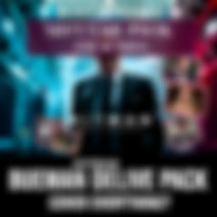 A graphic showing the Hitman: World of Assassination game cover with highlights of Deluxe Pack and Celebrity Bundle contents.