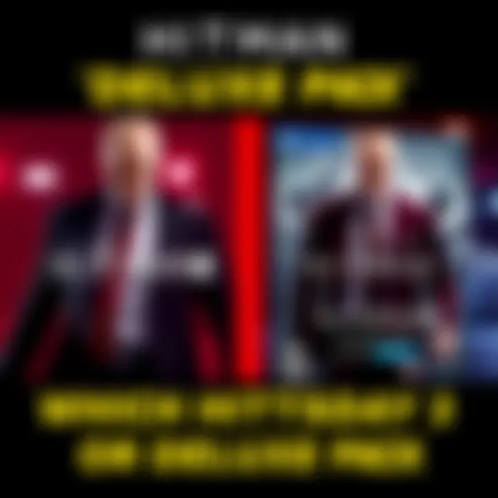 A side-by-side visual comparison of Hitman 3 and the World of Assassination Deluxe Pack box art showcasing game features.