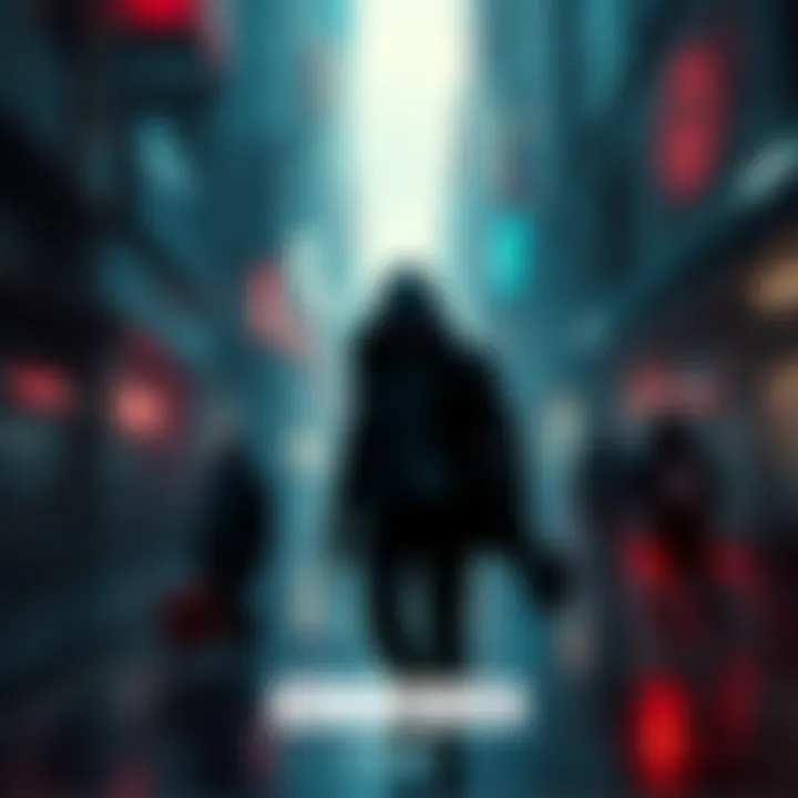 Hitman Game Concept Art Concept art showcasing a stealthy assassin in a modern urban environment, blending shadows and light, with hints of advanced technology and classic Hitman elements.