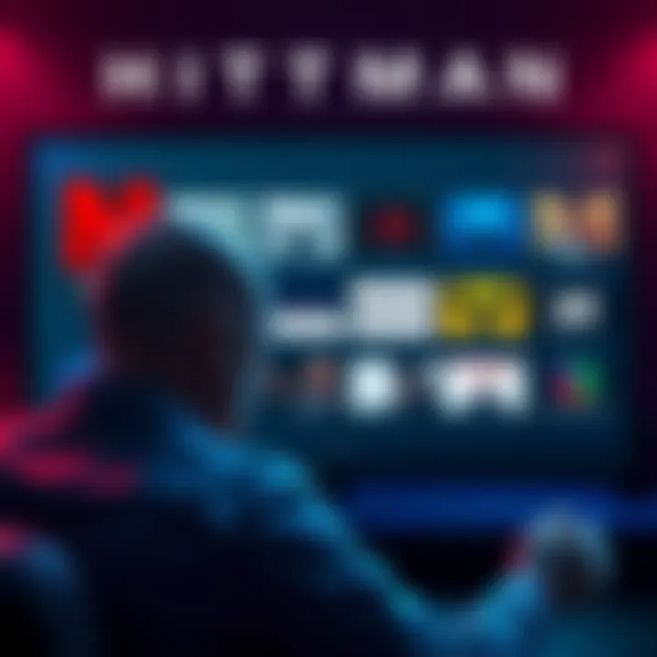A gamer contemplating which Hitman game to buy, with notable titles displayed on a screen