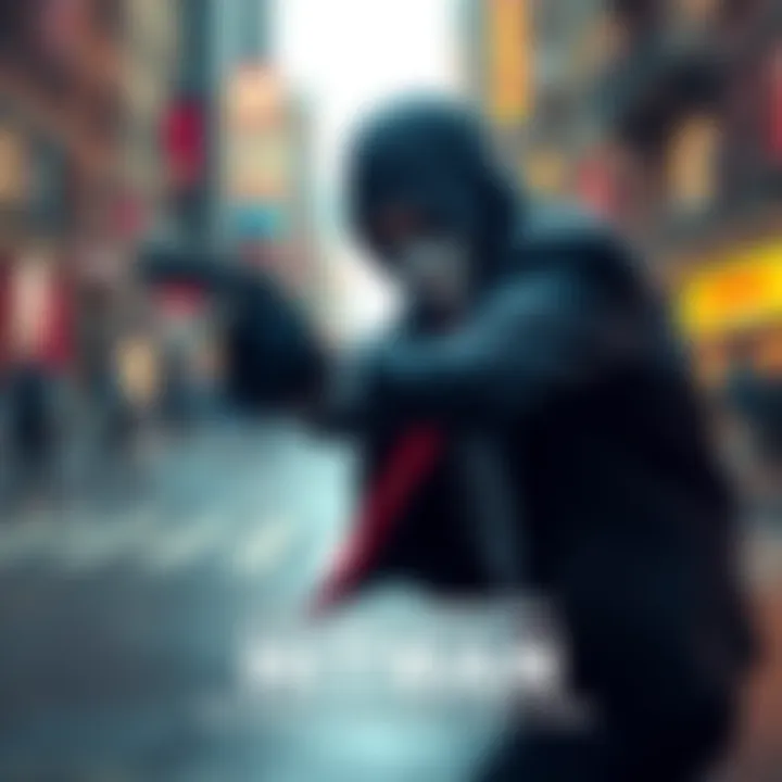 A stealthy video game character using non-lethal tactics in a vibrant urban setting