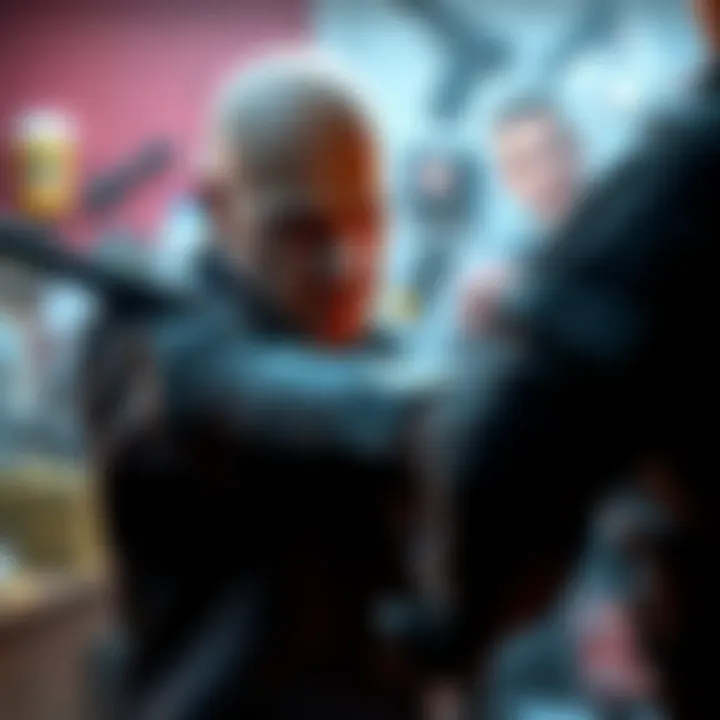 A Hitman WOA character engaged in a melee fight, showing a frustrated expression as they struggle with an opponent, surrounded by various objects in the background.