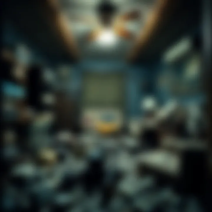 A dimly lit room filled with clutter, showing old furniture, lawnmowers, and piles of cash hidden among the mess.