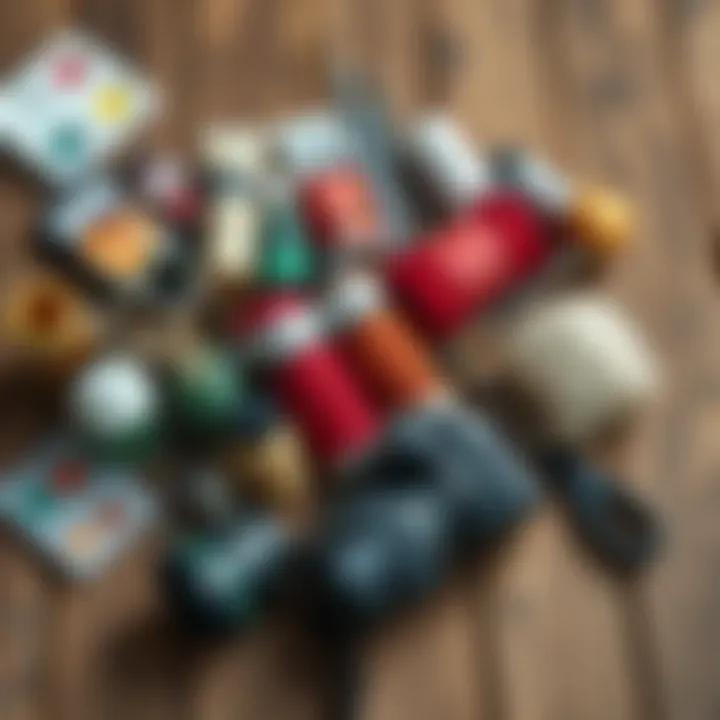 A collection of various hobby supplies including paints, knitting yarn, and a camera on a wooden table