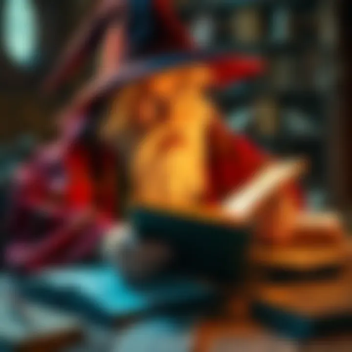 A scene showing a wizard frustratedly looking at a Hogwarts field guide with pages scattered around, emphasizing the hunt for the last missing page.