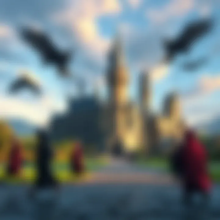 A view of Hogwarts Castle with students in wizard robes exploring the grounds