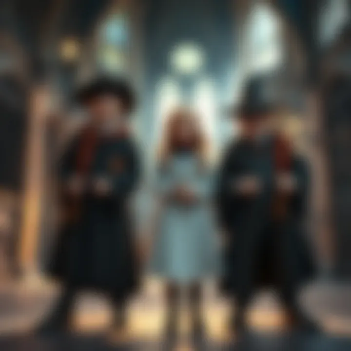 Amit, Natty, Poppy, and Sebastian stand together in Hogwarts, showcasing their unique strengths and personalities.