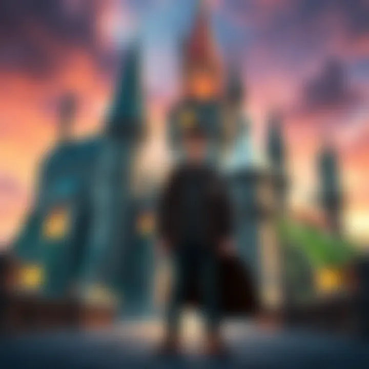 A gamer celebrating 100% completion in Hogwarts Legacy with a character standing proudly in front of a magical castle, showcasing the game's vibrant graphics and quests.