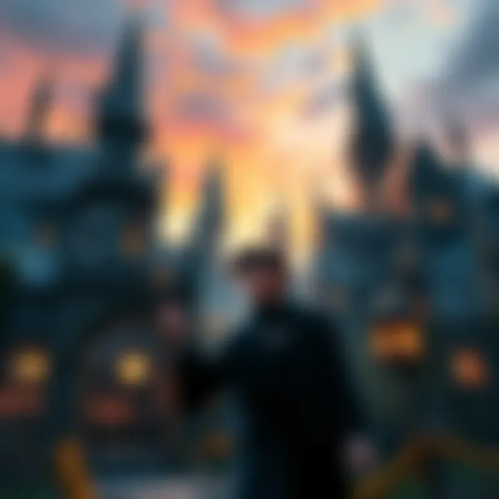 A scene from Hogwarts Legacy showing a player exploring the magical world with iconic landmarks in the background.