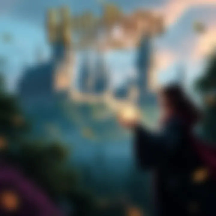 A character casting a spell in a lush, magical environment with Hogwarts in the background.