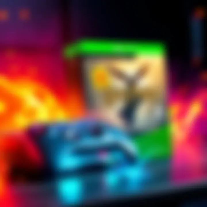 A dynamic graphic showcasing a Xbox console and Hogwarts Legacy game box with vibrant colors and discount tags