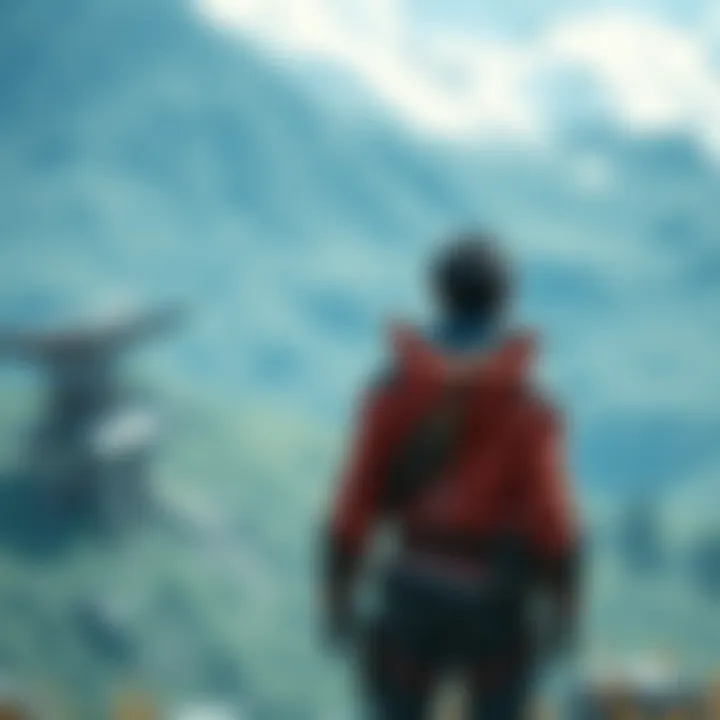A game character standing in the Hokkaido map, looking towards a challenging area with a focused expression, ready to level up quickly.