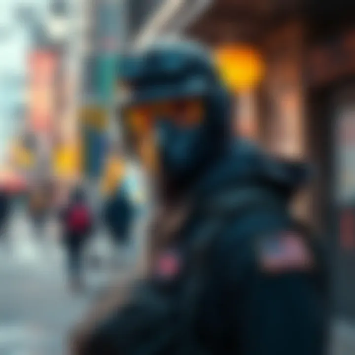A character in Hokkaido wearing a disguise, blending into the surroundings while avoiding detection during a high alert mission.