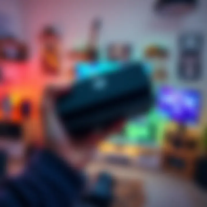 Person excitedly holding an Xbox Series X console with a gaming setup in the background