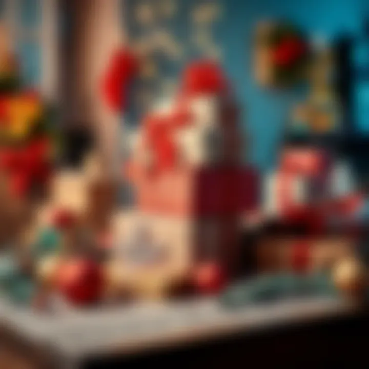 A collection of unique Christmas gifts stacked on a table with festive decorations around them