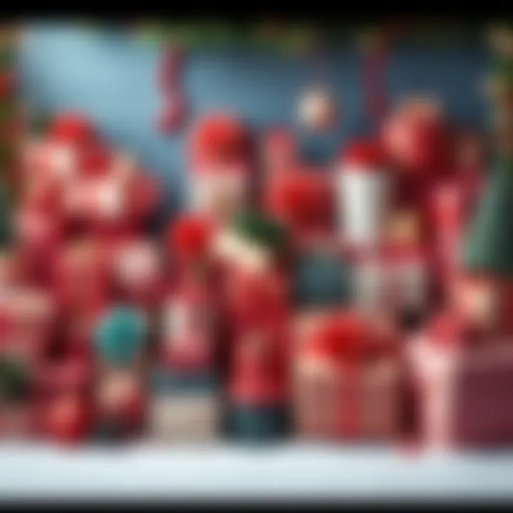 A collection of wrapped holiday gifts and decorations displayed together, inviting people to share their finds.