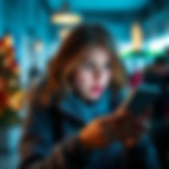 A person looking frustrated at a phone, unable to load posts during the holiday season.