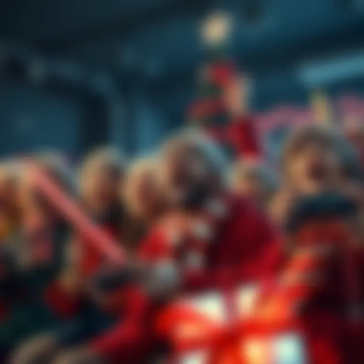 A group of gamers celebrating the holidays, shouting 'For Frodo' while dressed in festive attire and holding gaming controllers.