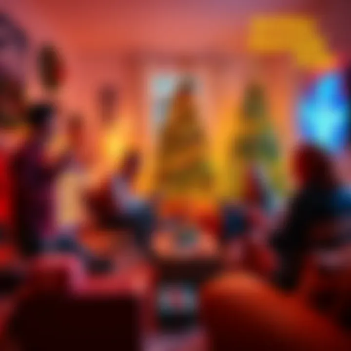 Holiday Gaming Fun A cozy living room scene with people playing video games during Christmas. Festive decorations and a Christmas tree in the background create a joyful atmosphere.