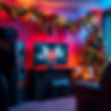 A cozy scene featuring a festive gaming setup with Christmas decorations and a console, inspired by Die Hard themes.