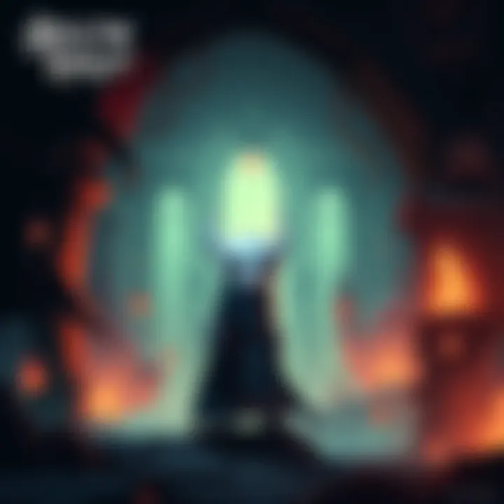 A small knight figure with a hollow head stands in a dimly lit underground room, surrounded by ghostly creatures and intricate architecture, looking contemplative.